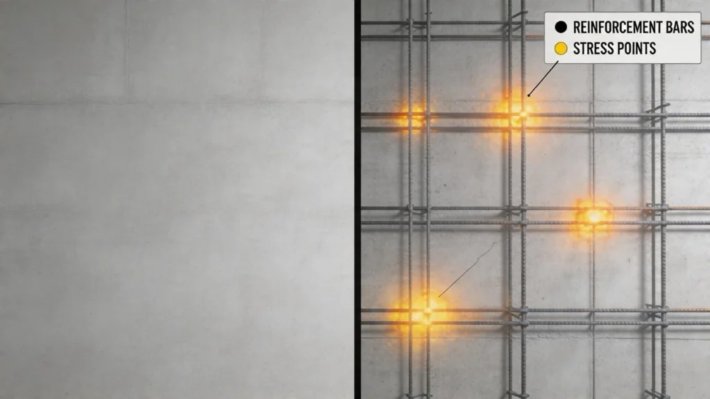 Perbandingan tampilan visual bangunan yang tampak kokoh dengan data teknis hasil uji kekuatan beton.