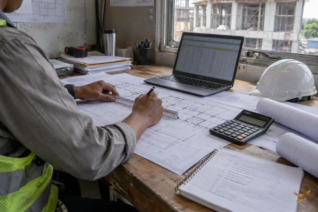 Quantity surveyor menghitung RAB bangunan dari gambar kerja dan harga satuan