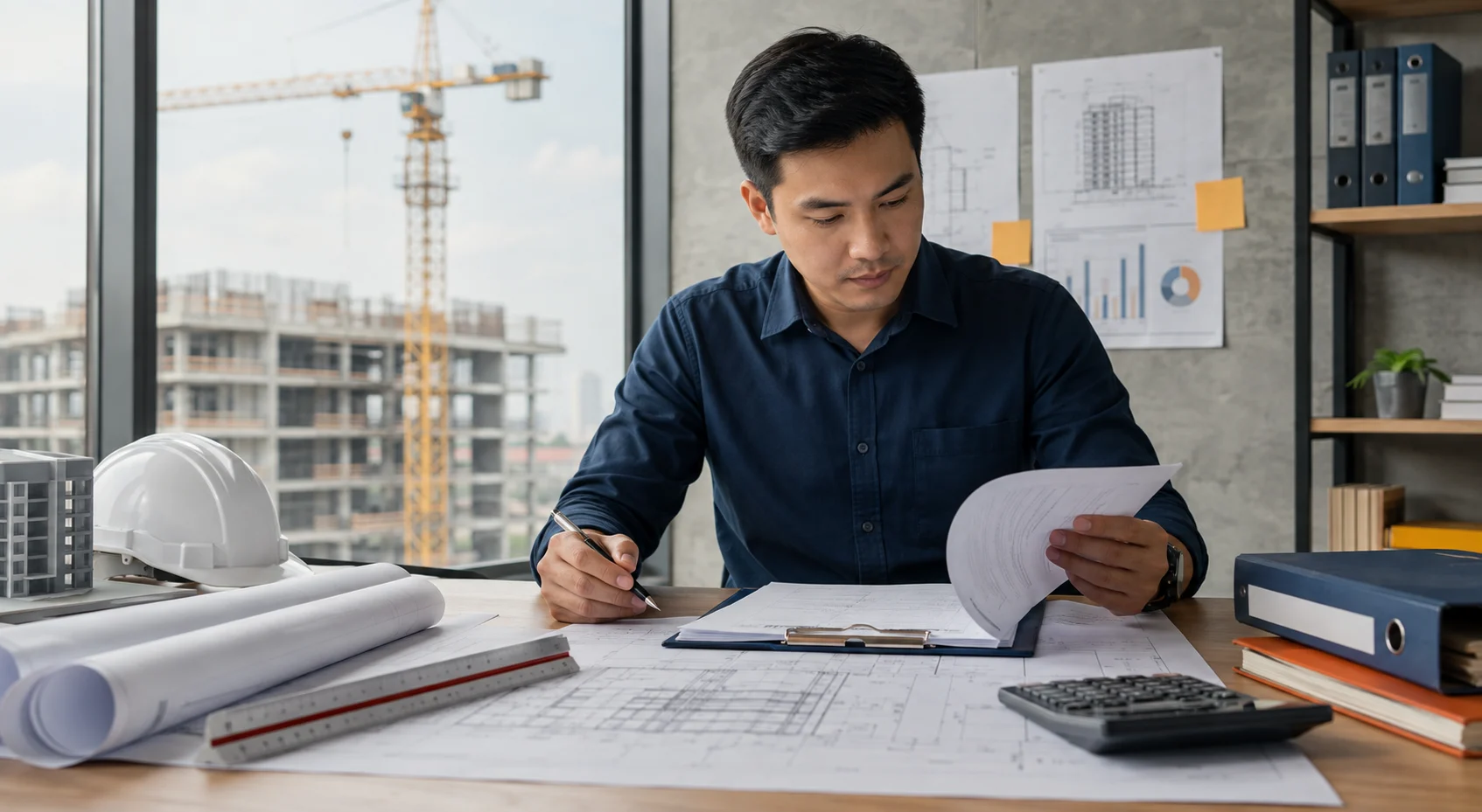 Quantity surveyor meninjau gambar kerja dan pengendalian biaya proyek