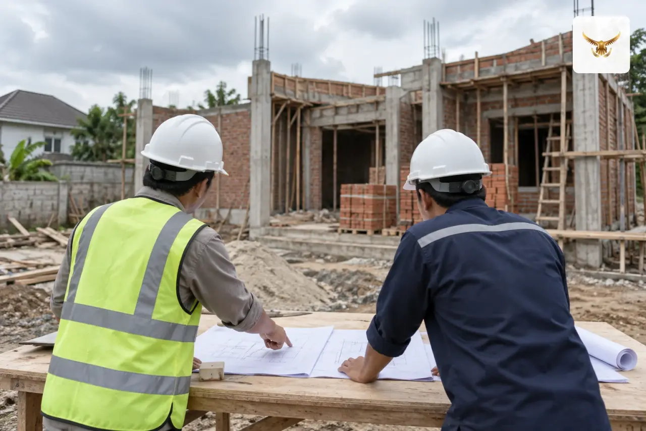 Tim proyek meninjau progres konstruksi dan dokumen pekerjaan di lapangan