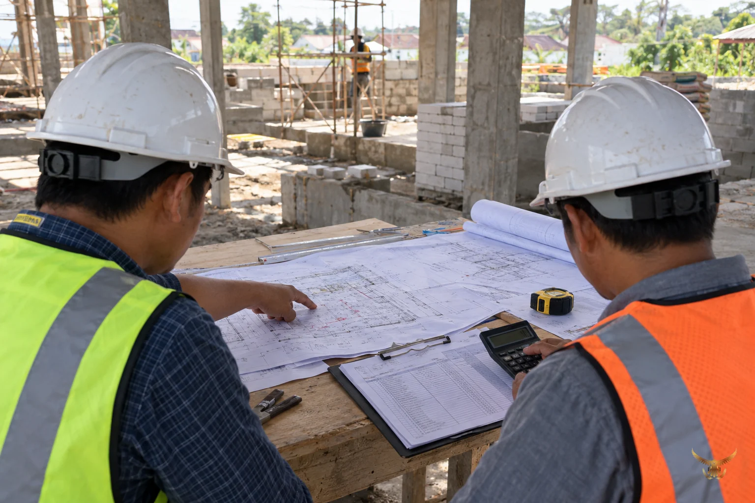 Tim proyek memeriksa RAB dan gambar kerja di lokasi konstruksi