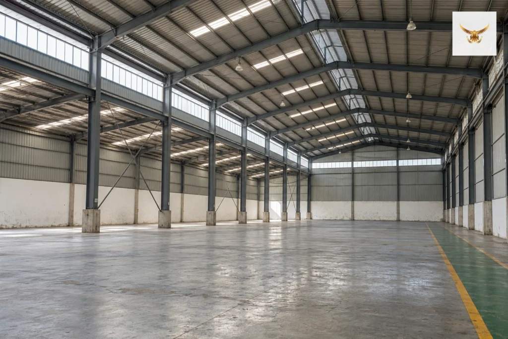 Interior gudang dengan rangka atap baja dan lantai beton — ilustrasi sintetis